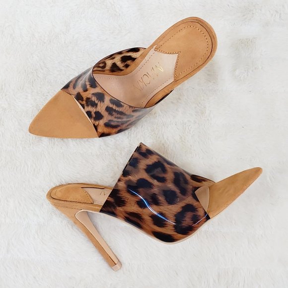 🛑No Returns🛑Leopard Open Pointy Toe Slip On Mule Slide Clog 4.5" High Heels - Picture 1 of 10